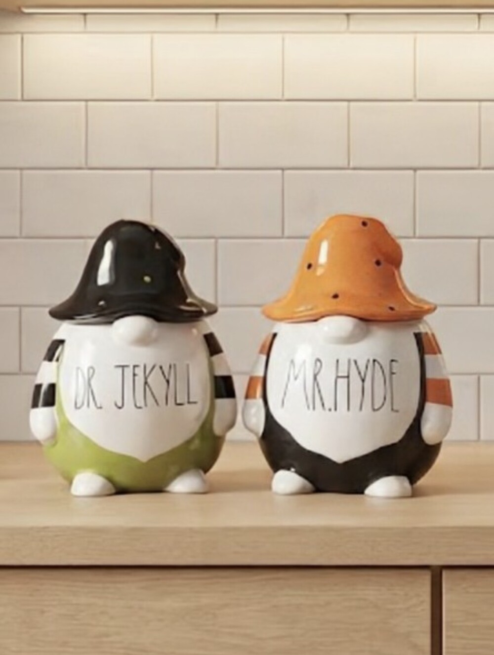 Rae Dunn "DR. JEKYLL & MR. HYDE" Halloween Gnome Ceramic Cookie Jars – Set of 2